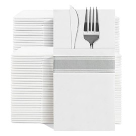 YIDUHAO Pocket Napkins,Disposble Cloth Like Napkins,Built-in Flatware Pocket,Decorative Wedding Napkins with Silver Stripe Print, Pre-Folded Party Napkin, Soft, Strong, Absorbent,Pack of 100