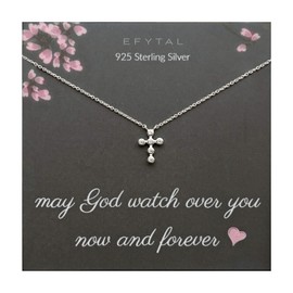 EFYTAL First Communion Gifts, Sterling Silver Dainty CZ Cross Necklace for Women, Confirmation Gifts for Teen, Baptism Gifts for Women