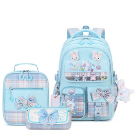 CYOQX Girls Backpack - 3pcs School Backpack for Girls Backpack with Lunch Box Teen Girl Backpack Set Cute Rabbit Kids School Bag Bookbag for Teen Girls(Blue)