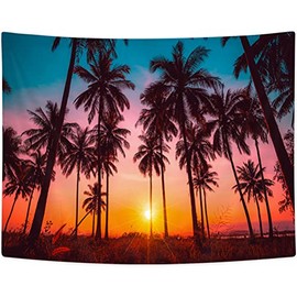 Bzhilja Tropical Tapestry, Sunset Beach Ocean with Palm Tree Silhouette Fantasy Twilight Art Wall Hanging for Bedroom, Seaside Landscape Art Tapestries Bedroom Living Room Dorm Decor,71x60