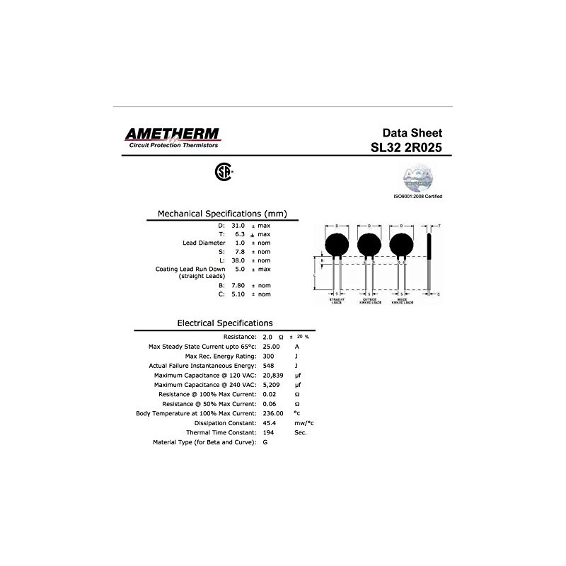Ametherm SL32 2R025 (Pack of 2) Aqua-Rite Thermistor, ICL 2