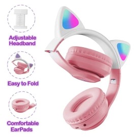 Unbranded Wireless Over-Ear Headset Cat Ear LED Bluetooth Headphones w/ Mic For Kids Girls