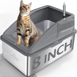 AIPERRO Stainless Steel Litter Box | XXL Deepened 8" Design Enclosed Box with Lid for Big Cats | High Sided, Anti-Urine Leakage | Non-Stick Bottom & Includes Litter Mat & Metal Scoop