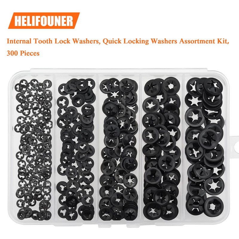 HELIFOUNER 300 Pieces 5 Sizes Internal Tooth Star Lock Washers,