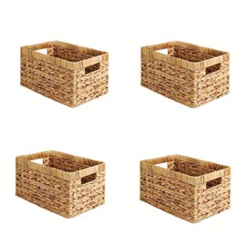 Rattanzenith 4PCS Wicker Baskets Woven Baskets Water Hyacinth Shelf Baskets with Handels Rectangle Baskets Set for Bathroom Kitchen Pantry Bedroom Living Room