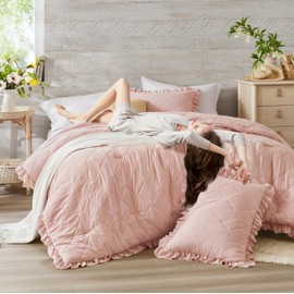 Pink/Blush Ruffle Bedding Set, Shabby Chic Farmhouse Queen Size Comforter for Women, Boho Fluffy Cozy Washed Microfiber Full Bed Sets, 3 Piece with Ruffled Pillow Shams