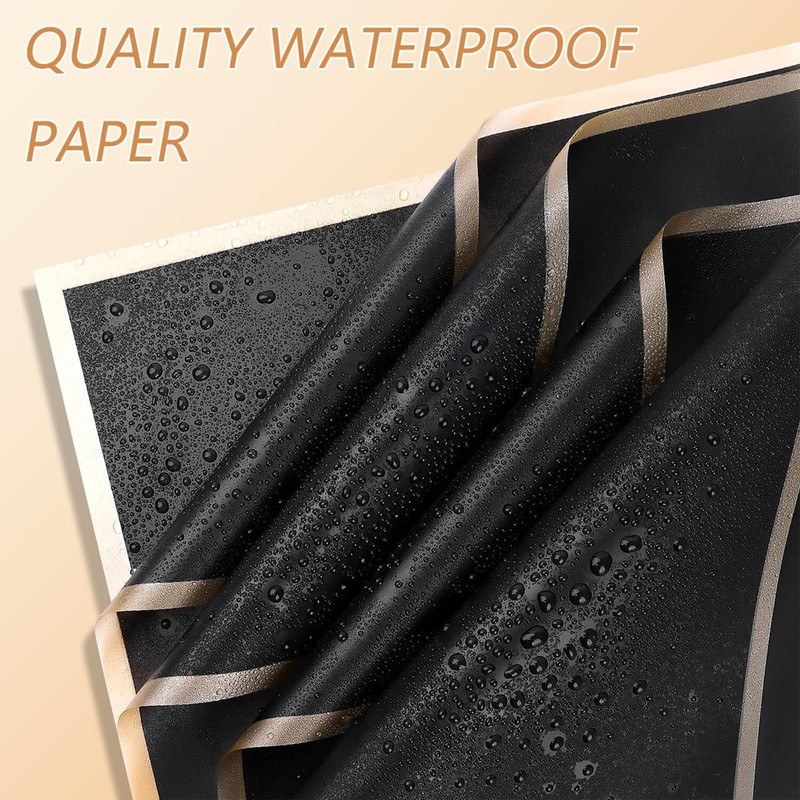 Black Flower Bouquet Wrapping Paper 20 Sheets Gold Edge Flower
