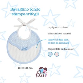 Filet - Round bib, practical accessory for your baby and easy to embroider, colourful cotton bib with white Aida insert with 55 holes, 100% made in Italy, lightblue