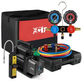 PB Motor TECH 4.5CFM 1/3HP Vacuum Pump with 3-Way R1234yf AC Manifold Gauge Set, with Leak Detector, R1234yf Puncture Can Tap, R1234yf Quick Couplers and Other Accessories