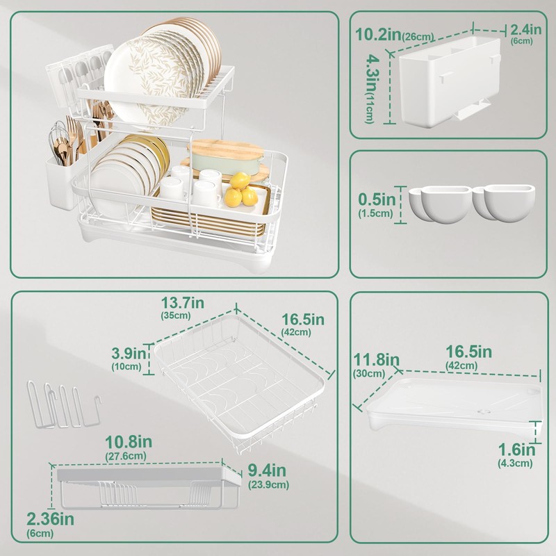 HOMEAILIE Dish Drying Rack, Two-Tier Dish Drying Rack with Utensil