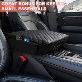 LINOAH Center Console Cover for 2019-2025 Ram 1500 Center Console Cover, Armrest Cushion Pad Accessories with Side Pockets, PU Leather for 5th Ram 1500 Anti-Scratch for Ram 1500 Accessories