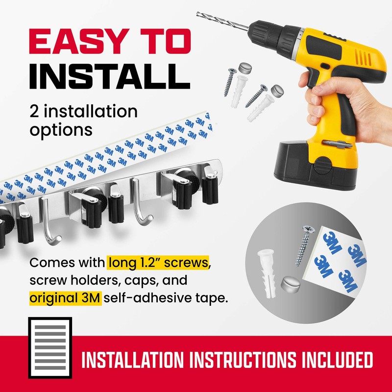 EFFEKTIVTOOLS Mop and Broom Holder Wall Mount – Self-Adhesive Stainless