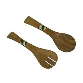 Hand Carved Wood and Bone Flat Handle Salad Server Set