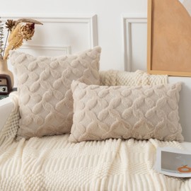 UGASA Fall Soft Plush Faux Fur Throw Pillow Covers 12x20 Inch Set of 2 Luxury Jacquard Fluffy Boho Pattern Decorative Throw Pillows Pillowcases for Couch Sofa Home Decor Living Room, Beige