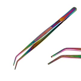 OdontoMed2011 Stainless Steel Tweezers, with Curved Serrated Tip Multipurpose Tweezers Sewing Machine Tweezers Multi Rainbow Color Forceps for Craft Repairing