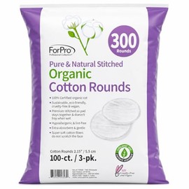 ForPro - Almohadillas de algodón orgánico para el rostro (300 unidades) cosidas, 100% certificadas, hipoalergénicas, sin pelusas, para el cuidado de l