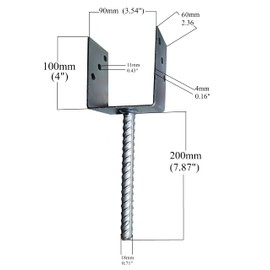 U Type Post Fence Foot Shaped Galvanised 4mm Thick Support Concrete in U Heavy Duty Anchor Riffler Tool Steel 4mm Thick 90 x 100 x 60mm - 3.54 Inch x 4 Inch x 2.36 Inch