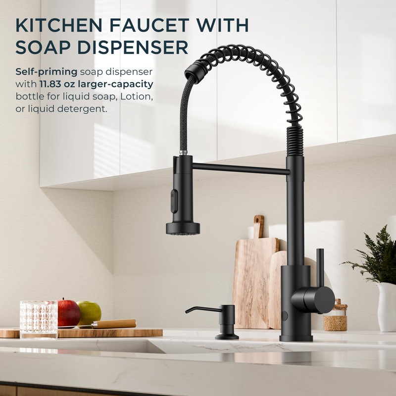 FORIOUS Black Touchless Kitchen Faucet with Soap Dispenser, Motion Sensor
