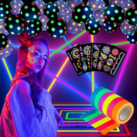 Pack of 61 Black Light Decorative Luminous Balloons Neon Party Fluorescent Tape Neon Tape Neon Party Decoration Black Light Tattoo for Black Light Party Neon Party Birthday Party Music Party