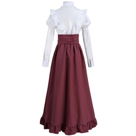 FCCAM Victorian Dress for Women 1800s Classic 2-Piece Renaissance Dress Costume Ruby S