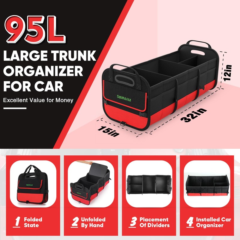 Simniam Large Trunk Organizer for Car, Collapsible Multi Compartment Car