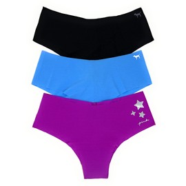 Victoria's Secret PINK Cheekster Panty Set of 3 Small No Show Black/Sky/Fuchsia Stars