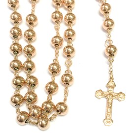 14k Rose Gold Finish 8MM Mens Rosary Chain Necklace Cross