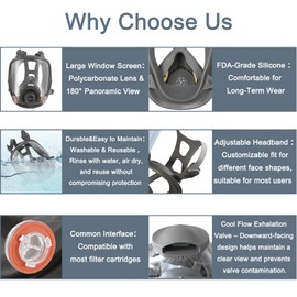 Airmabay Reusable Full Face Mask，6800 Gas Respirator Mask with 6001 Filters,Face Shield for Paint，Dust，Construction,Spraying,Welding,Griding and Cutting