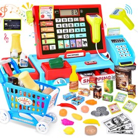 Joellfuner Electronic cash register toy for children, including accessories (scanner, calculator function, payment terminal, play money, etc.), supermarket cash register for a role play, play cash