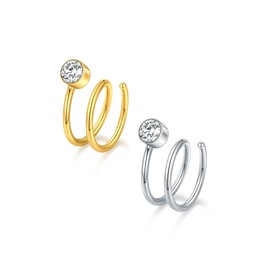 Oveta 2PCS Titanium Double Hoop Nose Rings for Single Piercing, 18G Silver Gold Clear CZ Spiral Twist Nose Piercings Hoops Conch Ear Lobe Earrings Hoops 8mm for Women Men