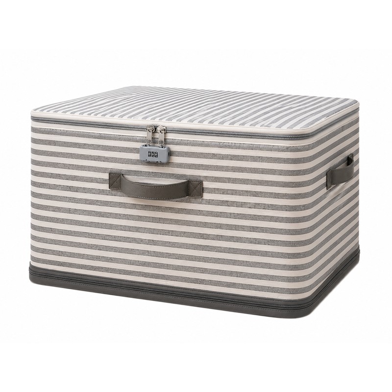 Foldable Storage Box with Lid - Durable Beige Checkered Organizer