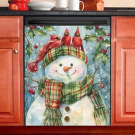 Winter Snowman Magnetic Dishwasher Cover Cardinal Red Birds Dishwasher Magnet Cover Panel Decals Refrigerator Covers Magnetic Skin Vinyl Sticker Merry Christmas Kitchen Art Decorative Cover Decal