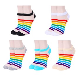 Women Girls Nylon Socks Lace Sheer Ankle Socks Transparent Mesh Ultrathin Striped Rainbow Socks Novelty See Through Clear Socks, Rainbow Striped-5 Pair Medium