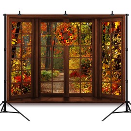 DePhoto 9x6FT Fall Window Backdrop Fall Autumn Garland Forest Tree Scenery Yellow Leaves Maple Landscape Vinyl for Portrait Studio Props Birthday Thanksgiving Weddding Decoretions Background