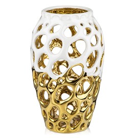 Oairse White and Gold Vases for Centerpieces, Openwork Ceramic Flower Vase 8.7" Hollowed Decorative Pampas Grass Vase Gold Table Decor for Home Living Room Dinner Room Bedroom Office Wedding