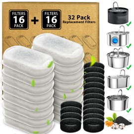 Cat Water Fountain Filters - 32 Pack Cat Fountain Filters for 3.2L/108oz & 2L/67oz Pet Water Fountain, Three-Layer Filtration Replacement Filters(16+16 Pack), Package Amount for 8 Months