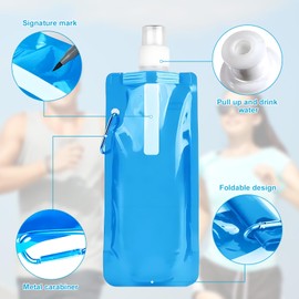 Snowtain Pack of 6 Foldable Drinking Bottles, 480 ml, Reusable Foldable Water Bottle Set, Portable Foldable Water Bag with Carabiner, Unisex, Suitable for Mountaineering, Adventure and Travel