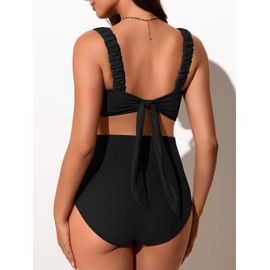 Summer Mae Ribbed Maternity Bikini Swimsuit for Women High Waisted Two-Piece Bathing Suit Crop Top Pregnancy Swimwear Black 4