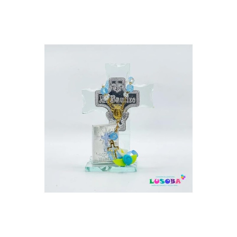 Cruz de Cristal con Mono y Mini Biblia Azul 12