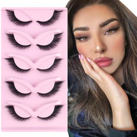 Parriparri False Eyelashes Fluffy Fox Eye Lashes Sexy Cat Eye Eyelashes Soft Winged Angel Fake Lashes Wispy Lightweight Faux Mink Lashes (5 Pairs)