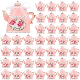 Framendino, 50 Pack Teapot Candy Boxes Mini Teapot Favor Boxes Vintage Floral Teapot Box with Ribbon for Tea Time Garden Wedding Bridal Birthday Party Decoration (Pink)