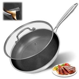 KVZKVZ 12 Inch Non Stick Frying Pan With Lid, Non Stick Frying Pans With Lids, 3-Ply Stainless Steel Frying Pan, Stay-Cool Handle, Oven & Dishwasher Safe, Induction Compatible All Cooktop