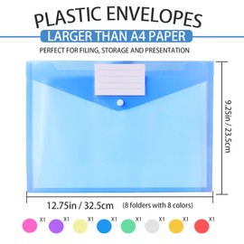 LOCCY 8 Pack Plastic Wallets A4 Folders for Paperwork, 8 Colors Document Wallets Folders with Label Pocket and Snap Button, A4 Plastic Wallet for Office Stationary Home School Travel