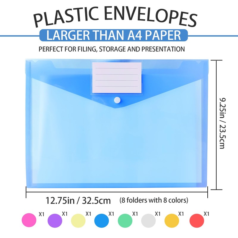 LOCCY 8 Pack Plastic Wallets A4 Folders for Paperwork, 8