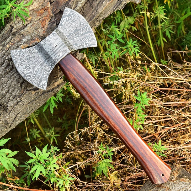 handmade forged Damascus steel double head axe Labrys tomahawk leather
