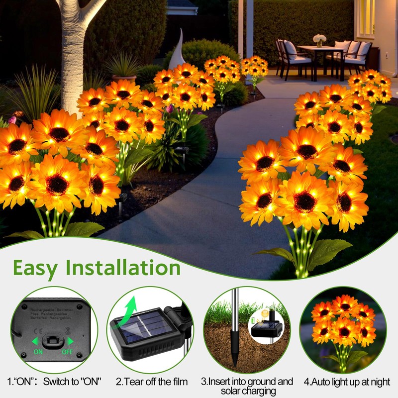 Solar Sunflower Lights Outdoor Garden Decor, 6 Pack Solar Flowers