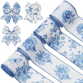AnyDesign White and Blue Wired Edge Ribbon Floral Butterfly Craft Ribbon 24 Yards 2.5 Inch Blue Flower Fabric Ribbon for Wreath Bow DIY Craft Wedding Bridal Shower Gift Wrapping Supplies