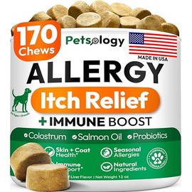 Dog Allergy Relief Chews - 170 Dog Allergy Chews - Itch Relief for Dogs - Omega 3 Fish Oil, Probiotics For Itchy Skin & Hot Spots Allergies, Paw Licking, Dry Skin & Coat Supplement - Beef Liver Flavor