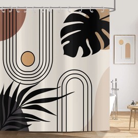 ASDCXZ Boho Shower Curtain 180 x 200 cm, Modern Abstract Art Boho Style Black Leaves Sun Line Beige Brown Washable Shower Curtains Textile Waterproof Shower Curtain for Bath with 12 Hooks