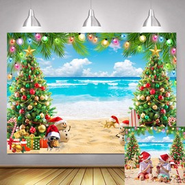 7x5ft July Christmas Backdrop Tropical Beach Christmas Tree Photography Background Summer Hawaiian Party Decorations Banner Family Holiday Photo Props Supplies